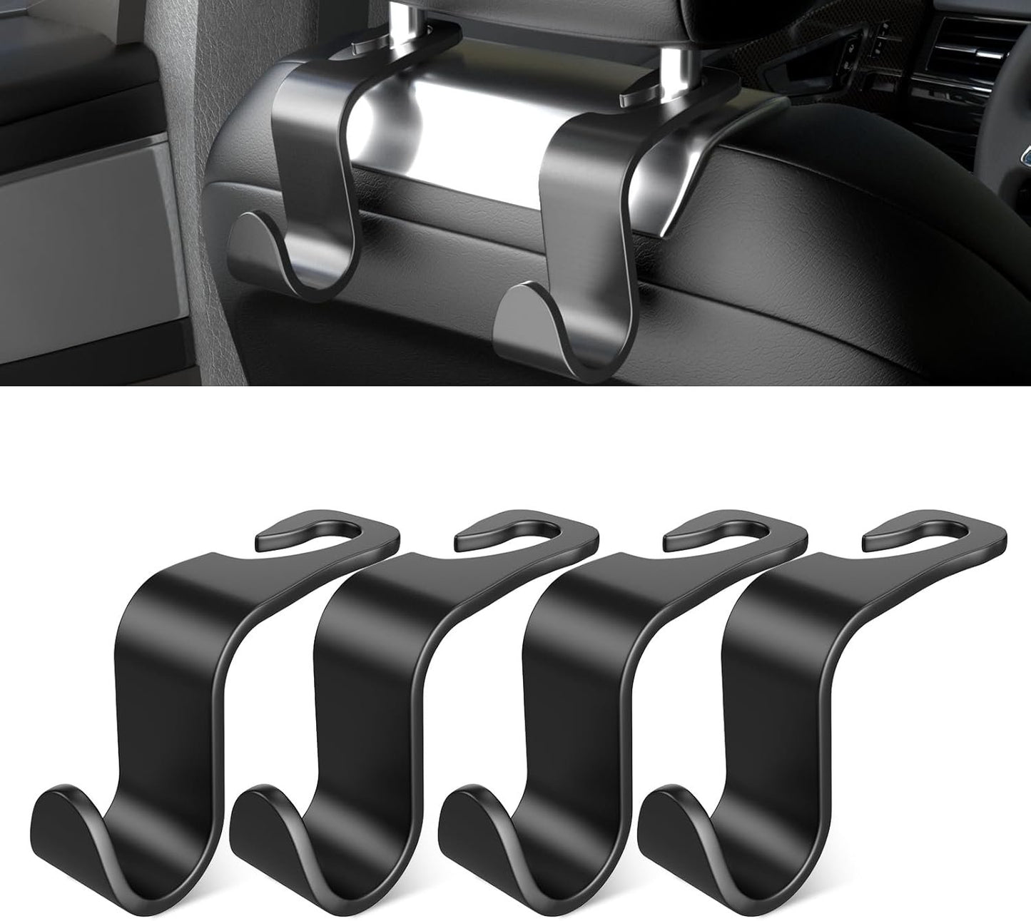 SUTOUG Car Seat Back Hook, Car Interior Accessories, 4 Pack Black Plastic Hooks Suitable for Bags, Shopping Bags, Clothes, Portable Tool Box