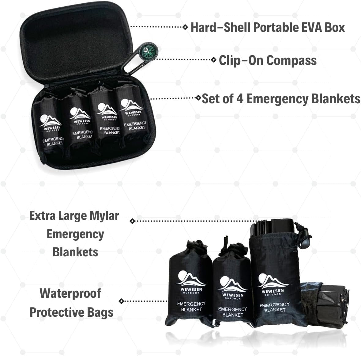 WEWESEN OUTDOOR Mylar Emergency Blankets 4 Pack of Extra Large Thermal Foil NASA Designed Space Blankets for Camping, Hiking, Rescue, and Car Use - Reflective Heavy Duty Survival Blanket