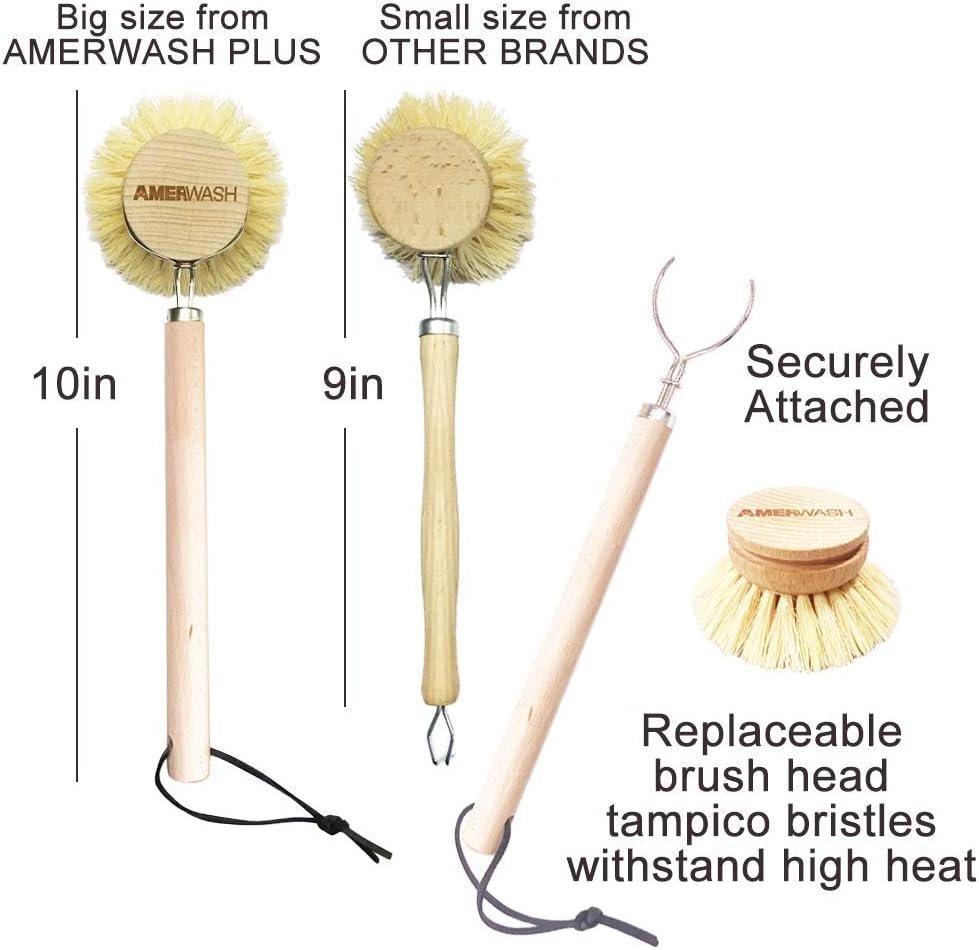 AMERWASH PLUS Dish Brush with Wooden Handle, Natural Kitchen Brush for Dishes Vegetable, Pots and Pans, Tampico Fiber Bristles Scrubber, Extra 3 Pack Replacement Head Included