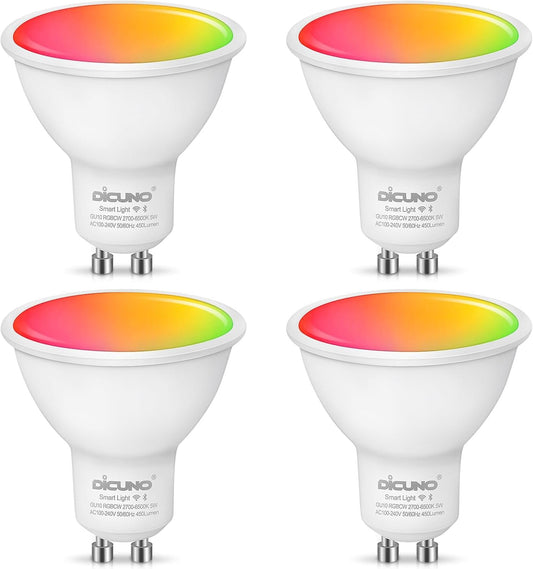 DiCUNO GU10 Smart Bulbs, WiFi Light Bulbs, Works with Alexa and Google Home, Dimmable LED Spotlights, 5W = 50W, 450LM, 2700K-6500K, 110 Degree Beam Angle, 100-240V, No Hub Required, Pack of 4