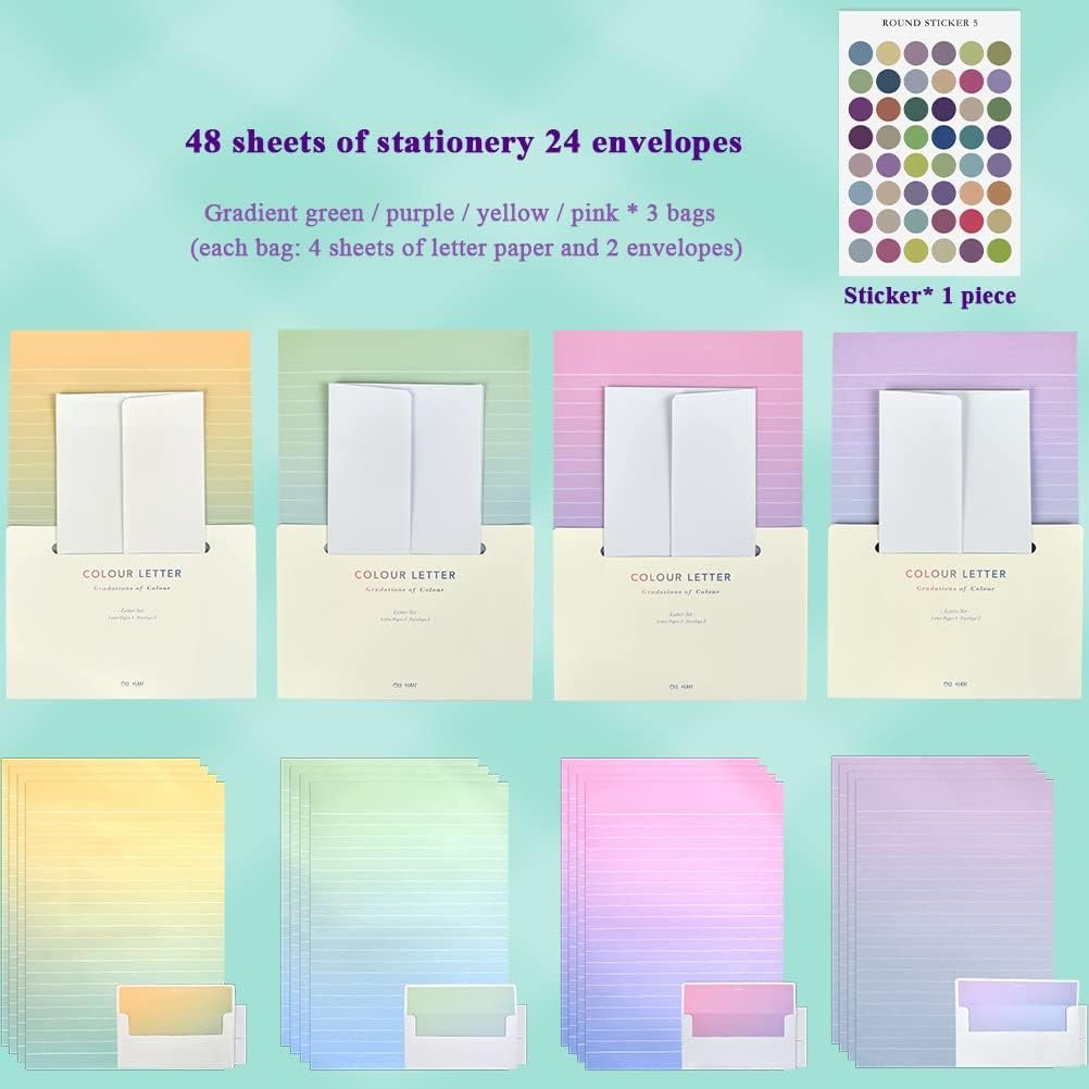 Stationery Writing Paper and Envelopes Set - 48 Sheets + 24 Envelopes With Seal Stickers - 5.7x8.3 Inch Paper