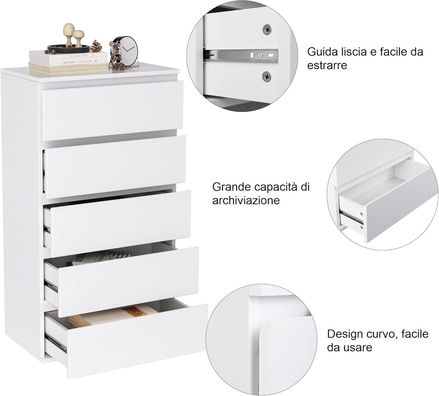 FOREHILL Bedroom Chest of Drawers, 5 Drawer Bedside Cabinet with Drawers Modern Design in Wood, for Living Room, Bedroom, Hallway, Kitchen (White)