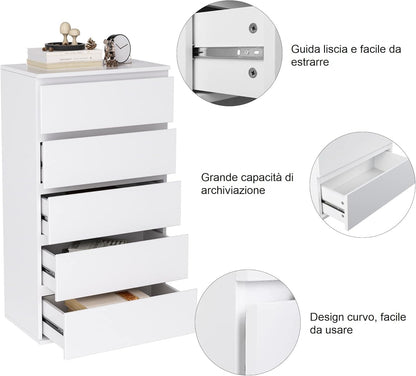 FOREHILL Bedroom Chest of Drawers, 5 Drawer Bedside Cabinet with Drawers Modern Design in Wood, for Living Room, Bedroom, Hallway, Kitchen (White)