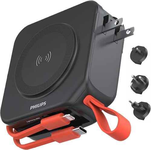 PHILIPS Power Bank Wireless 10000mAh 22.5W Powerbank Built-in Cable 10 in 1 Portable Battery Pack, Magnetic Universal Travel Fast Charging Adapter (UK,EU,AU) Compatible with MagSafe iPhone 16 MBlack