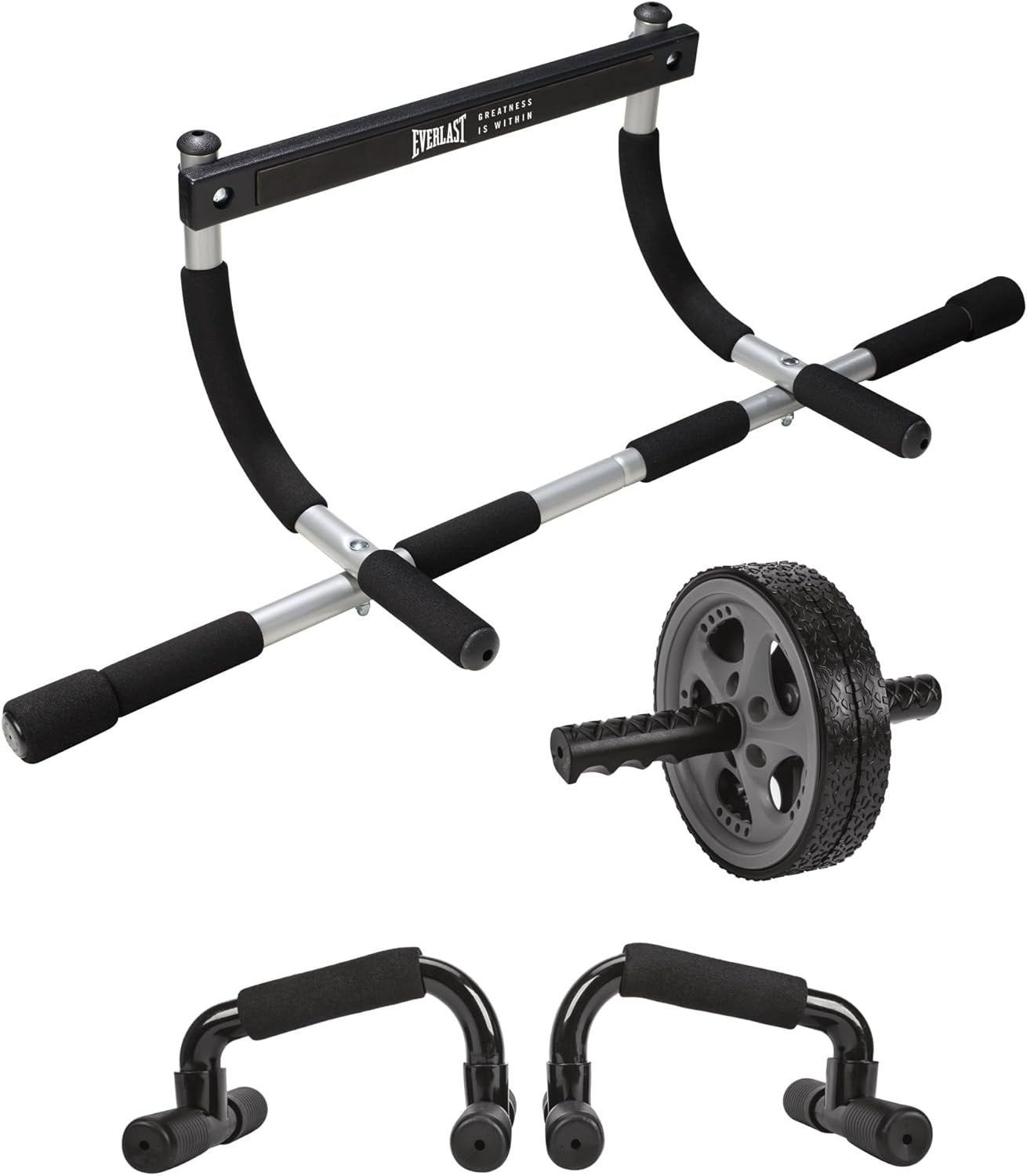 Everlast Total Body Workout Kit - Complete Home Gym Accessories for Core & Upper Body Strength - Includes Pull-Up Bar, Push-Up Stands & Duo Wheel - Compact Exercise Equipment for Home Workouts