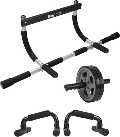 Everlast Total Body Workout Kit - Complete Home Gym Accessories for Core & Upper Body Strength - Includes Pull-Up Bar, Push-Up Stands & Duo Wheel - Compact Exercise Equipment for Home Workouts