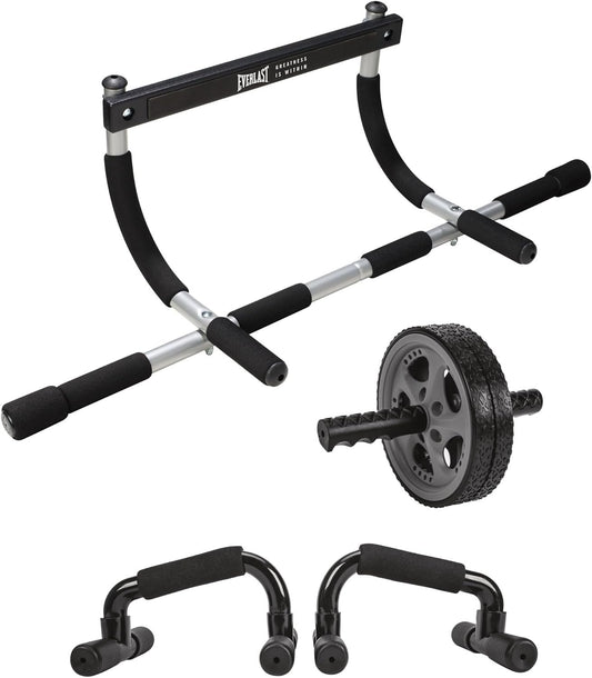 Everlast Total Body Workout Kit - Complete Home Gym Accessories for Core & Upper Body Strength - Includes Pull-Up Bar, Push-Up Stands & Duo Wheel - Compact Exercise Equipment for Home Workouts