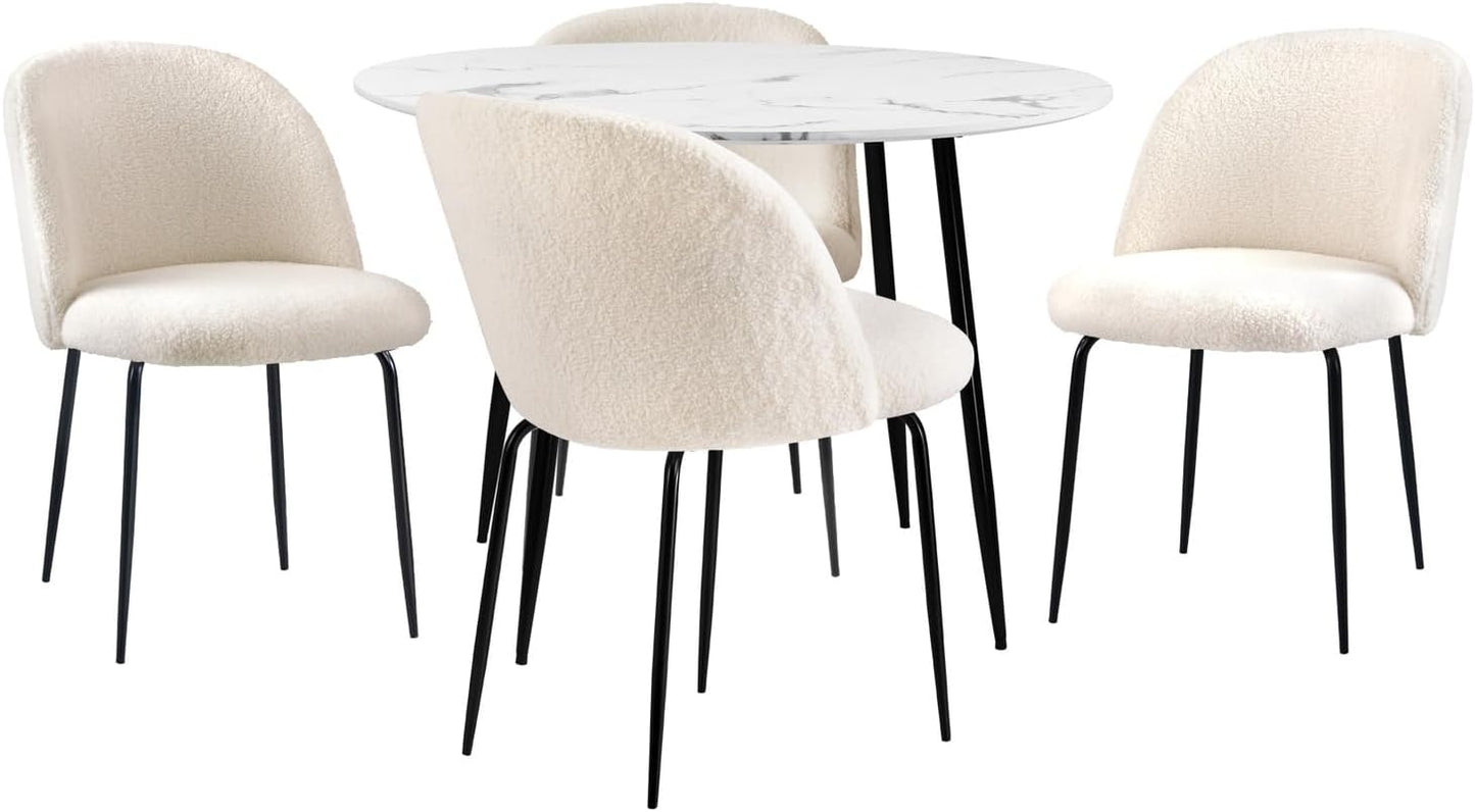 Oikiture Dining Sets with Marble Round Dining Table and Sherpa Dining Chairs Set of 4 White
