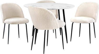 Oikiture Dining Sets with Marble Round Dining Table and Sherpa Dining Chairs Set of 4 White