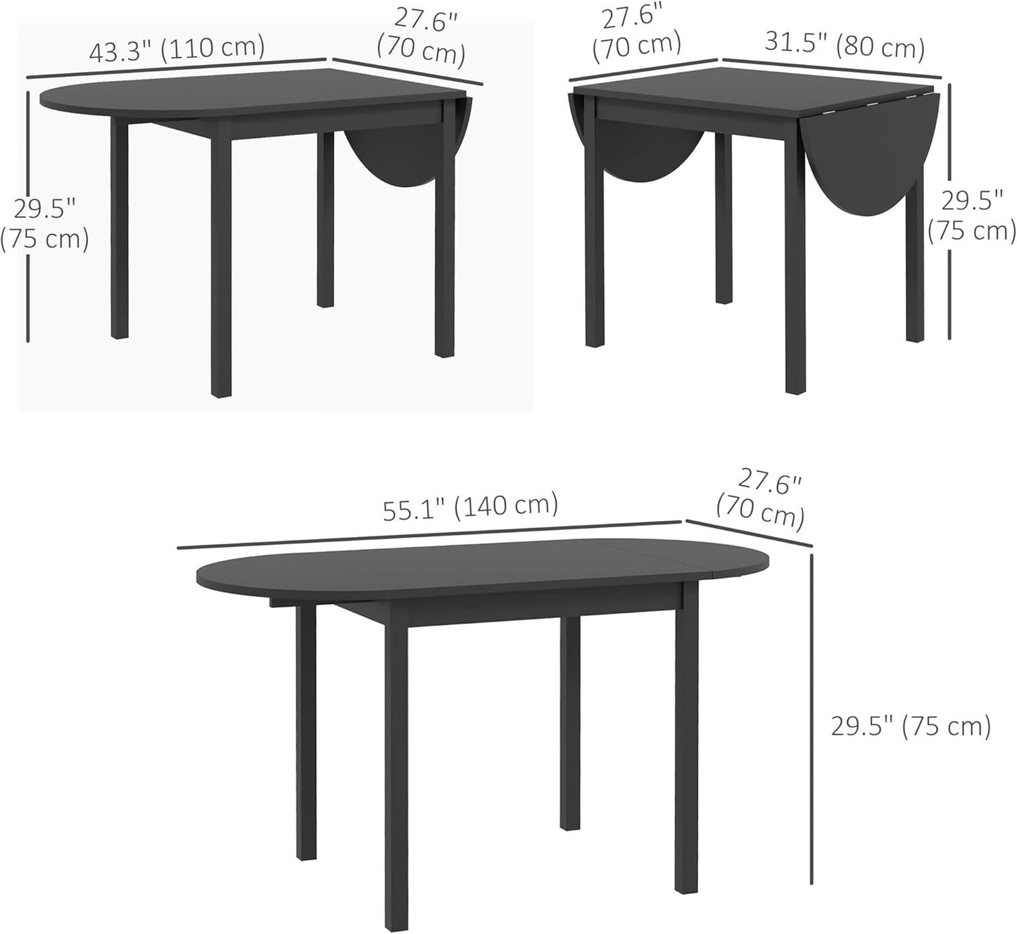 HOMCOM Solid Wood Kitchen Table, Drop Leaf Tables for Small Spaces, Folding Dining Table, Black