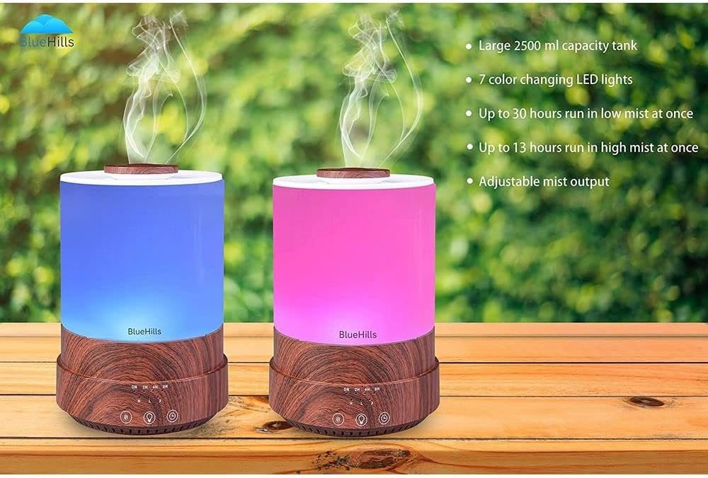 BlueHills Premium 2500 ML XL Essential Oil Diffusers - 30 Hr Run Aromatherapy Diffuser & Air Humidifier Mist for Large Room - 7 LED Colors Oil Diffuser Essential Oils for Home w/Auto Shut Off - F003