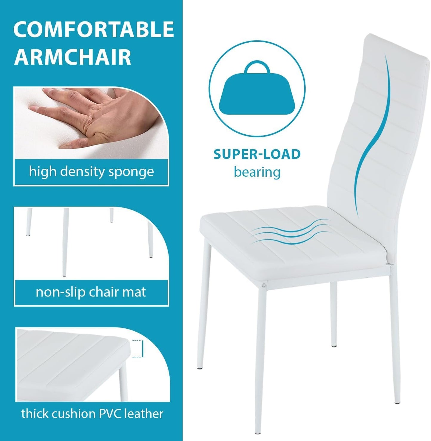 Dining Table Set 5-Piece, Glass Tabletop Kitchen Table & Chair Set,for Dining Room, Ideal for Kitchen, and Breakroom, 4 Faux Leather Metal Frame Chairs Sleek and Stylish Design,White