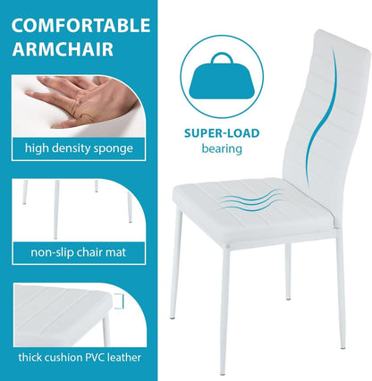 Dining Table Set 5-Piece, Glass Tabletop Kitchen Table & Chair Set,for Dining Room, Ideal for Kitchen, and Breakroom, 4 Faux Leather Metal Frame Chairs Sleek and Stylish Design,White