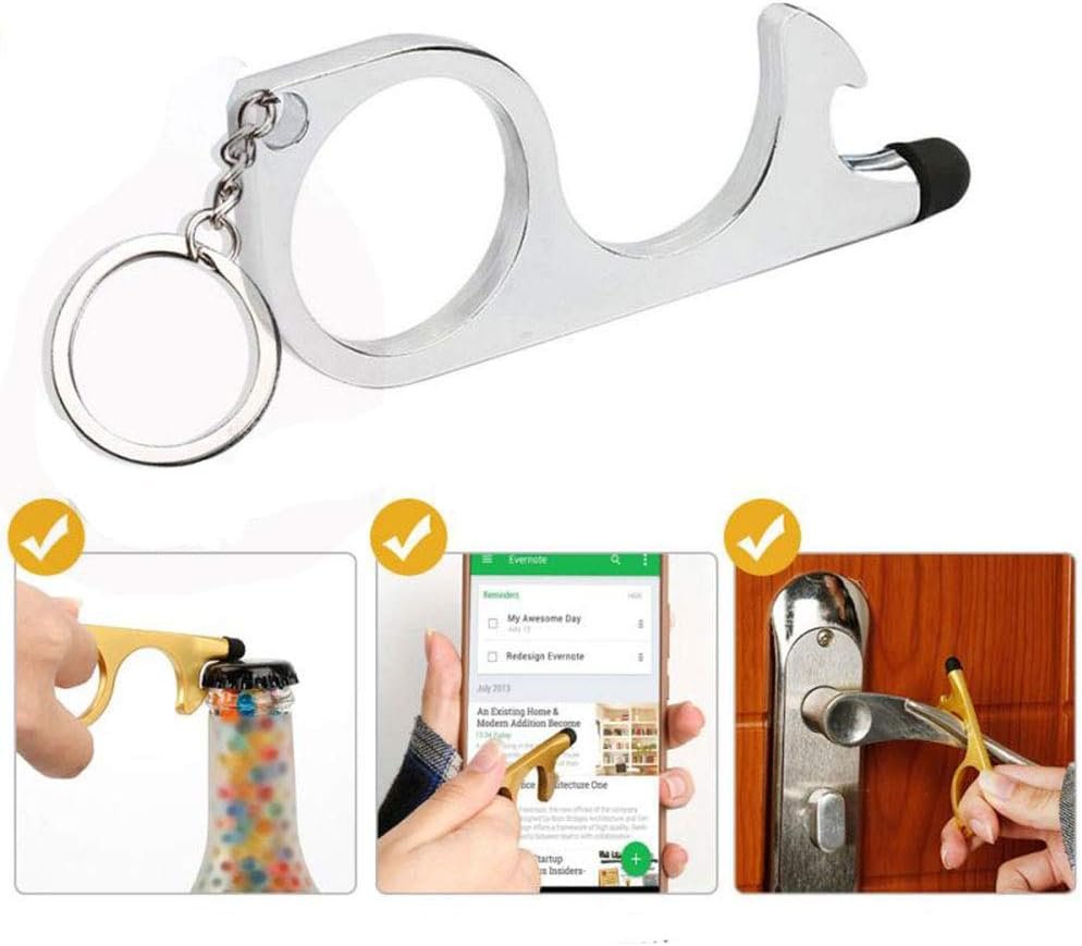 Silver EDC Door Opener with Keychain Contactless Open Tool No Touch Key Safety Tool for Touchscreen Outdoor Public Door Handle