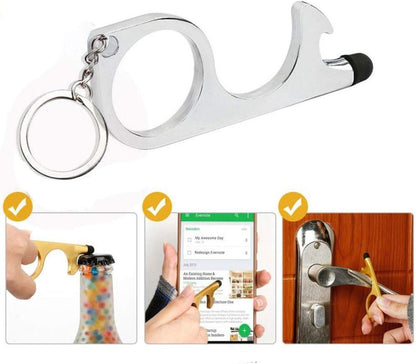 Silver EDC Door Opener with Keychain Contactless Open Tool No Touch Key Safety Tool for Touchscreen Outdoor Public Door Handle