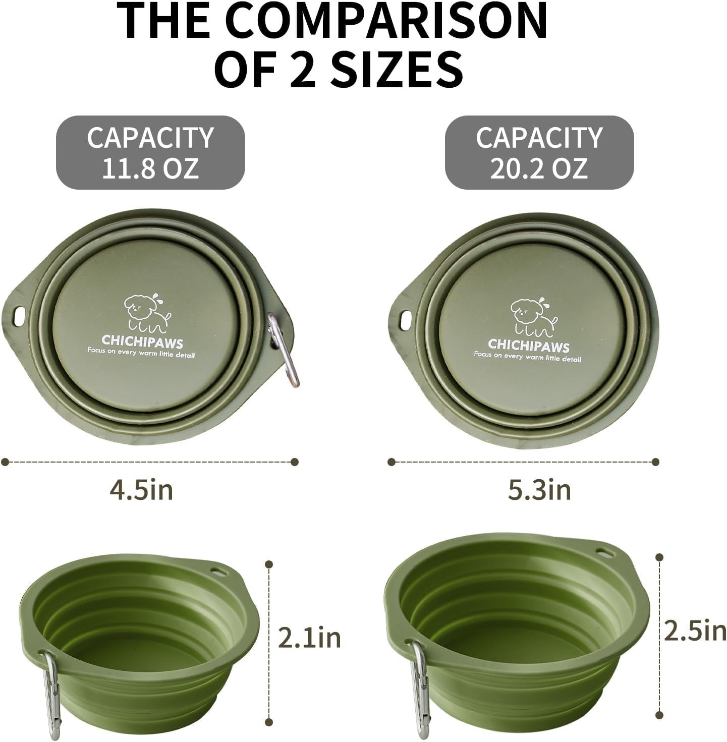 CHICHIPAWS Dog Bowls for Travel, 2-Pack Pet Collapsible Bowls for Cats Dogs, Portable Pet Feeding Watering Dish for Walking Parking Traveling with 2 Carabiners, BPA Free (Green, Large)