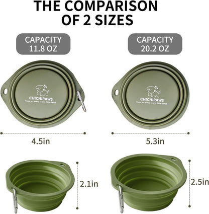 CHICHIPAWS Dog Bowls for Travel, 2-Pack Pet Collapsible Bowls for Cats Dogs, Portable Pet Feeding Watering Dish for Walking Parking Traveling with 2 Carabiners, BPA Free (Green, Large)