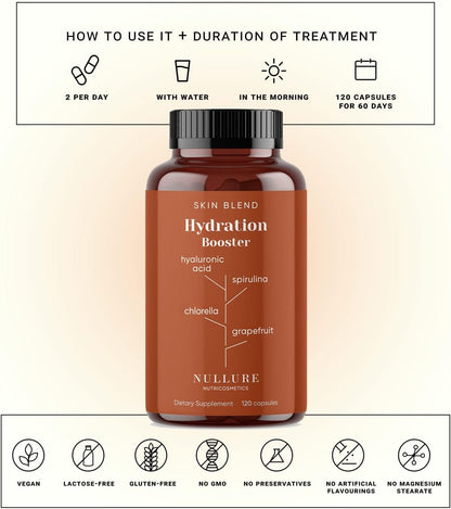 Pure Hyaluronic Acid | Natural Moisturising Supplement Nullure | Hyaluronic Acid + Spirulina + Chlorella + Vitamin B3 + Black Radish + Grapefruit | Anti-Wrinkle Prevention | 120 Capsules (2 Months)