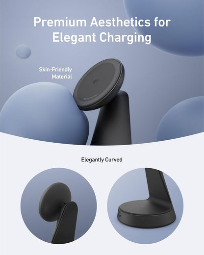 Anker MagSafe Compatible 2-in-1 Charging Stand, iPhone 16 Wireless Charger, Qi2 Certified 15W Ultra-Fast, Adjustable and Super Strong, for iPhone 16/15/14/13/12 Series, AirPods (Charger Not Included)