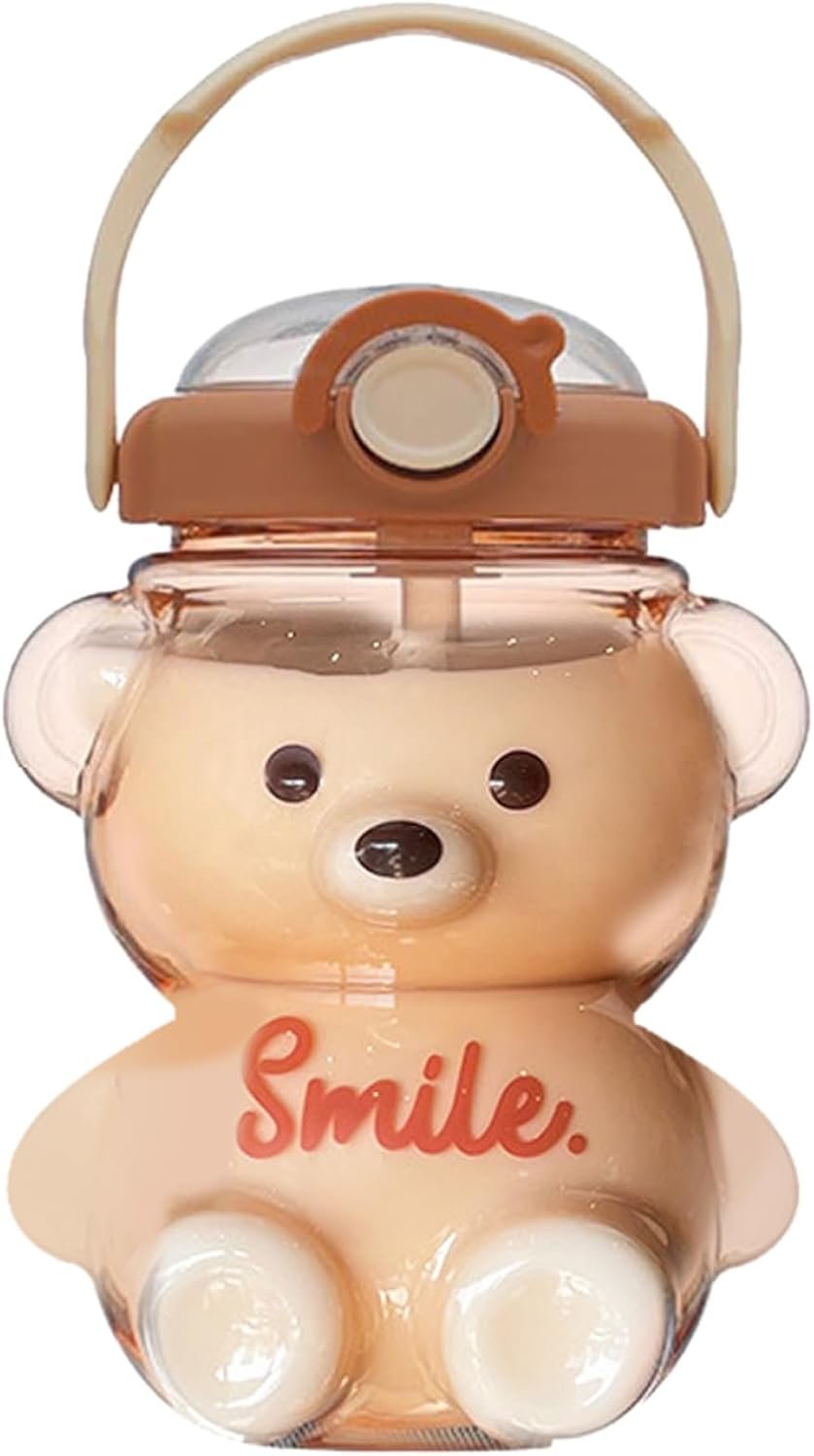 Kawaii Water Bottle with Straw and Strap, 1L Cute Bear Water Bottles Portable Leakproof BPA-Free Plastic Drinking Cups for Kids Girls Women Sports Camping Picnic Hiking Travel