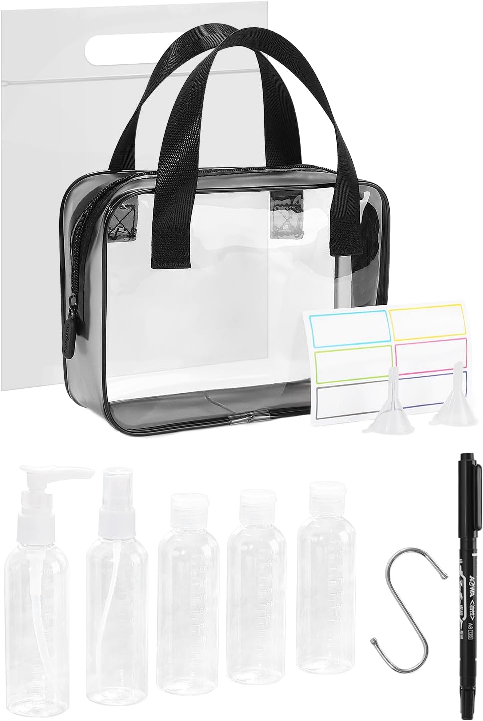MOCOCITO Transparent Travel Cosmetic Case - Travel Bottles Set for Airplane 5 Pieces 100 ml Liquid Containers, Transparent, Toiletry Bag, for Cosmetics, Black, A