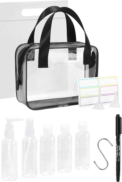 MOCOCITO Transparent Travel Cosmetic Case - Travel Bottles Set for Airplane 5 Pieces 100 ml Liquid Containers, Transparent, Toiletry Bag, for Cosmetics, Black, A