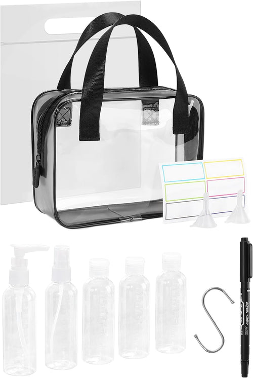 MOCOCITO Transparent Travel Cosmetic Case - Travel Bottles Set for Airplane 5 Pieces 100 ml Liquid Containers, Transparent, Toiletry Bag, for Cosmetics, Black, A