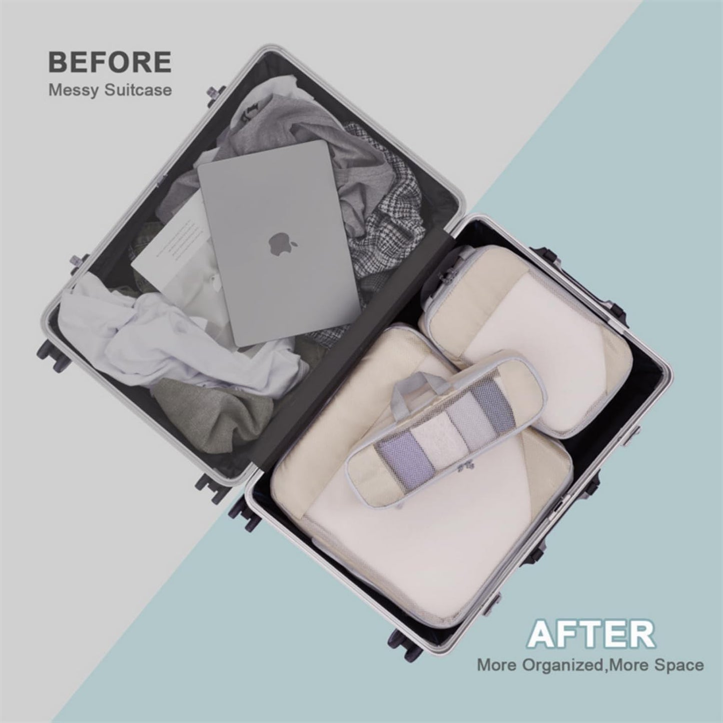 Rantuia 8 Piece Travel Storage Bag Set - Lightweight Compression Packing Cubes for Travel, Waterproof Nylon Material, Scratch-Resistant, Breathable - Luggage Organizer Pouches Off White