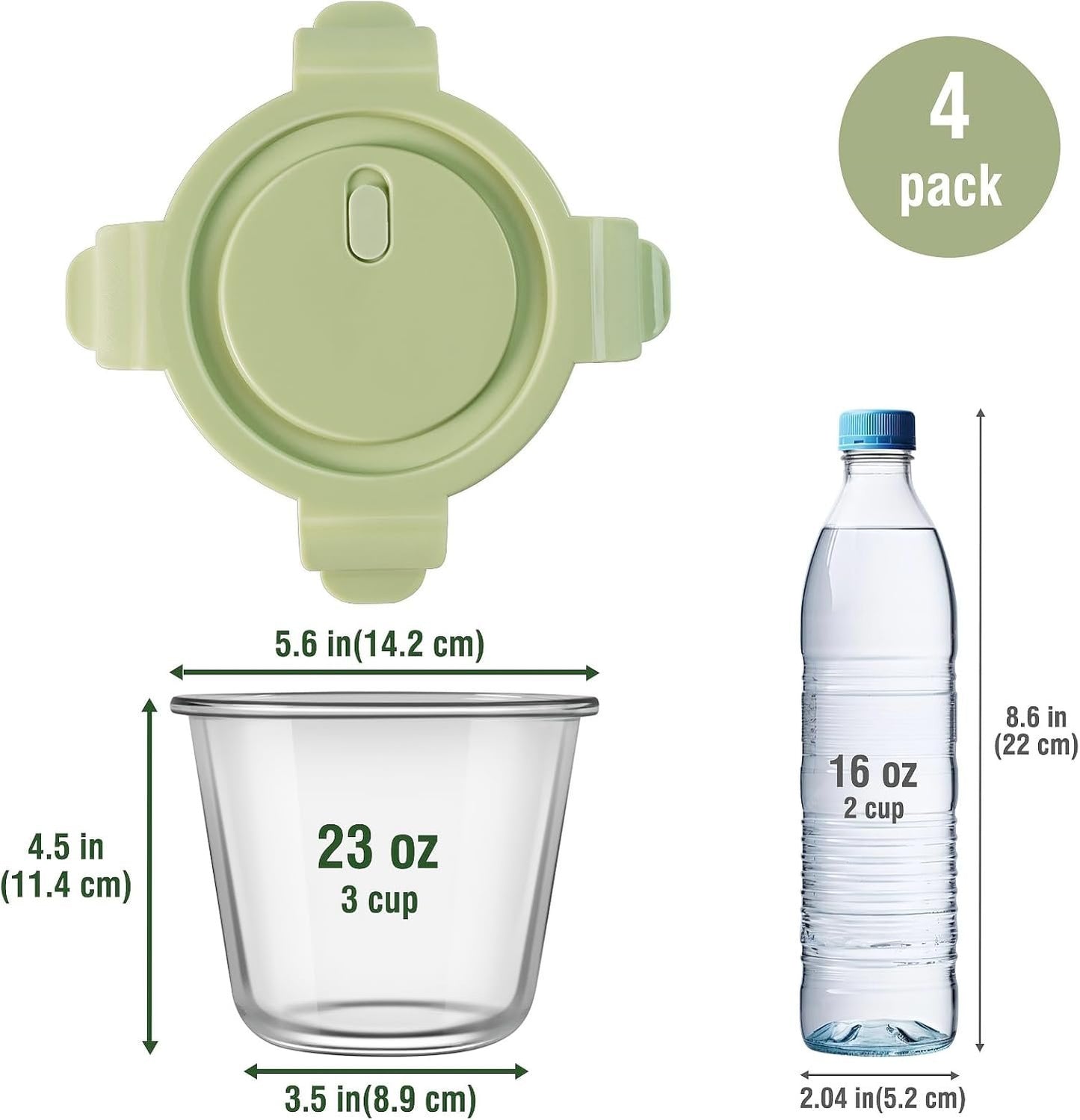 Glass Meal Prep Containers with Lids - Airtight Borosilicate Glass Food Storage Containers for Soup & Leftovers, BPA-Free, Heat-Resistant, Microwave & Dishwasher Safe (23 oz, 4 Pack)