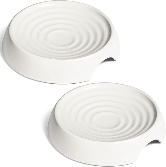 CatGuru Whisker Stress Free Food Bowl, Wide Non-Slip Shallow Dish for Feeding & Watering, Relieves Fatigue (Set of 2, Ceramic, White)
