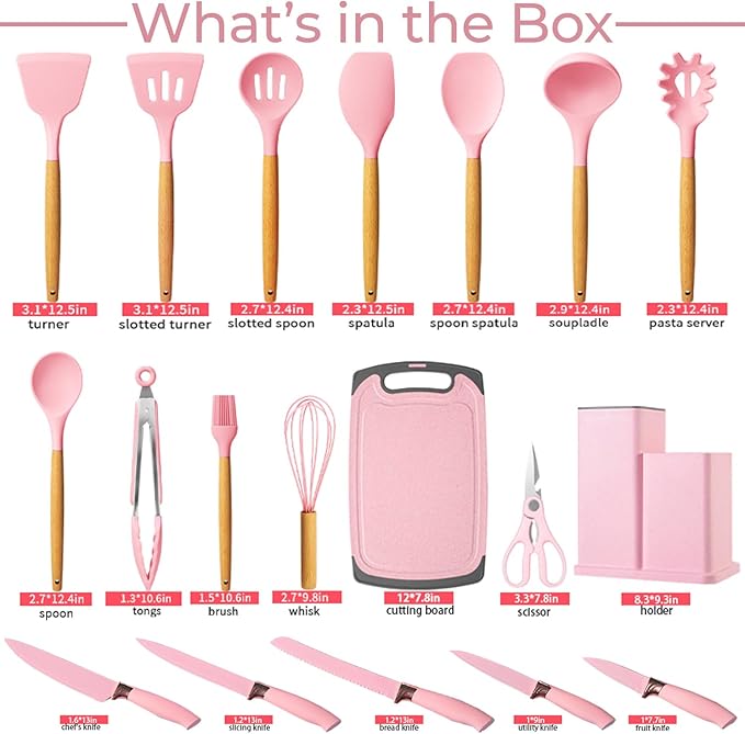 Cooking Utensils Set,19 PCS Silicone Kitchen Utensils Set with Holder and Kitchen Knife Set for Cooking, Non-stick Heat Resistant Kitchen Tools and Gadgets with Wooden Handle (Pink)