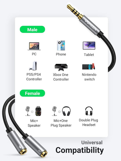 UGREEN Headphone 3.5mm Splitter Audio Mic Y Splitter Cable Headset 3.5mm Male to 2 Female Microphone Adapter Audio Stereo Jack Port for Gaming Controller, PS4, Xbox One, Headset, External Mic Speaker