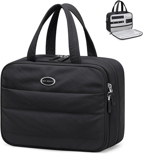 GOLF QUALITY Travel Toiletry Bag with Jewelry Organizer, Hanging Toiletry Bag for Toiletries Puffy Cosmetic Make up Bag Organizer Carry-on Travel Accessories Essentials,Black