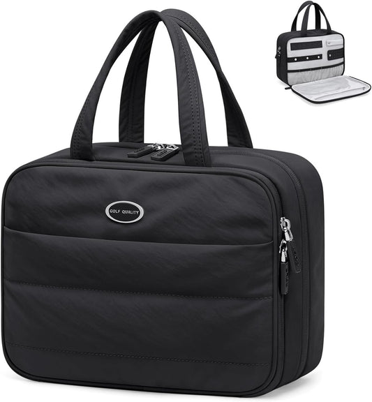 GOLF QUALITY Travel Toiletry Bag with Jewelry Organizer, Hanging Toiletry Bag for Toiletries Puffy Cosmetic Make up Bag Organizer Carry-on Travel Accessories Essentials,Black