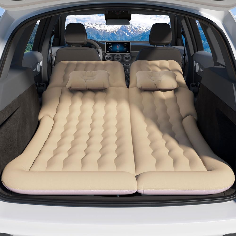 Weisshorn SUV Car Air Mattress, 175 x 130cm Inflatable Bed Folding Foldable Mattresses Back Seat, Portable Outdoor Camping Travel Chair with Carry Bag and 2 Pillows Beige