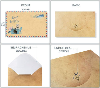 Lined Vintage Stationary Paper and Envelopes Set 48 Sheets + 24 Envelopes Old Fashion Stationery Set 7.3 Inch x 10.2 Inch