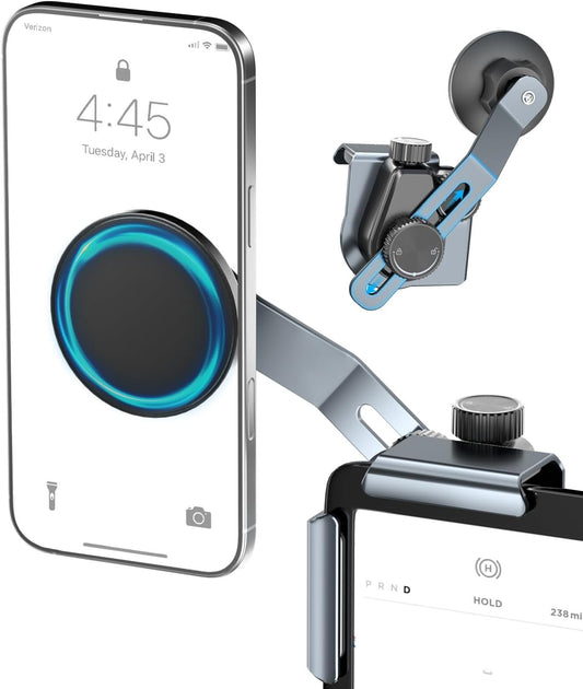CloudValley Tesla Phone Mount [Non-Adhesive & Strongest Magnetic] Metal Car Holder for Model 3/Y/S/X/Cybertruck, Liftable Hidden Design, 360° Adjustable, Designed for MagSafe iPhone 12-16 & All Phones