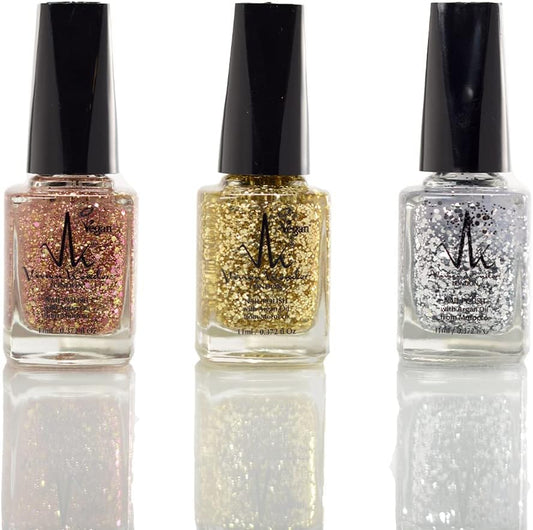 (Combination of 3) Sparkling Glitter Party Nail Polish Argan Care Nail Polish Vegan Friendly Long Lasting Chip Resistant Shiny Nail Paint
