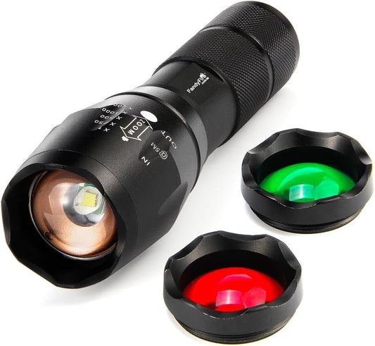FandyFire A100 Tactical Flashlight: 900 Lumens 5 Modes Versatile 3-in-1 LED Hunting Light with Interchangeable RED & Green Glass Lens