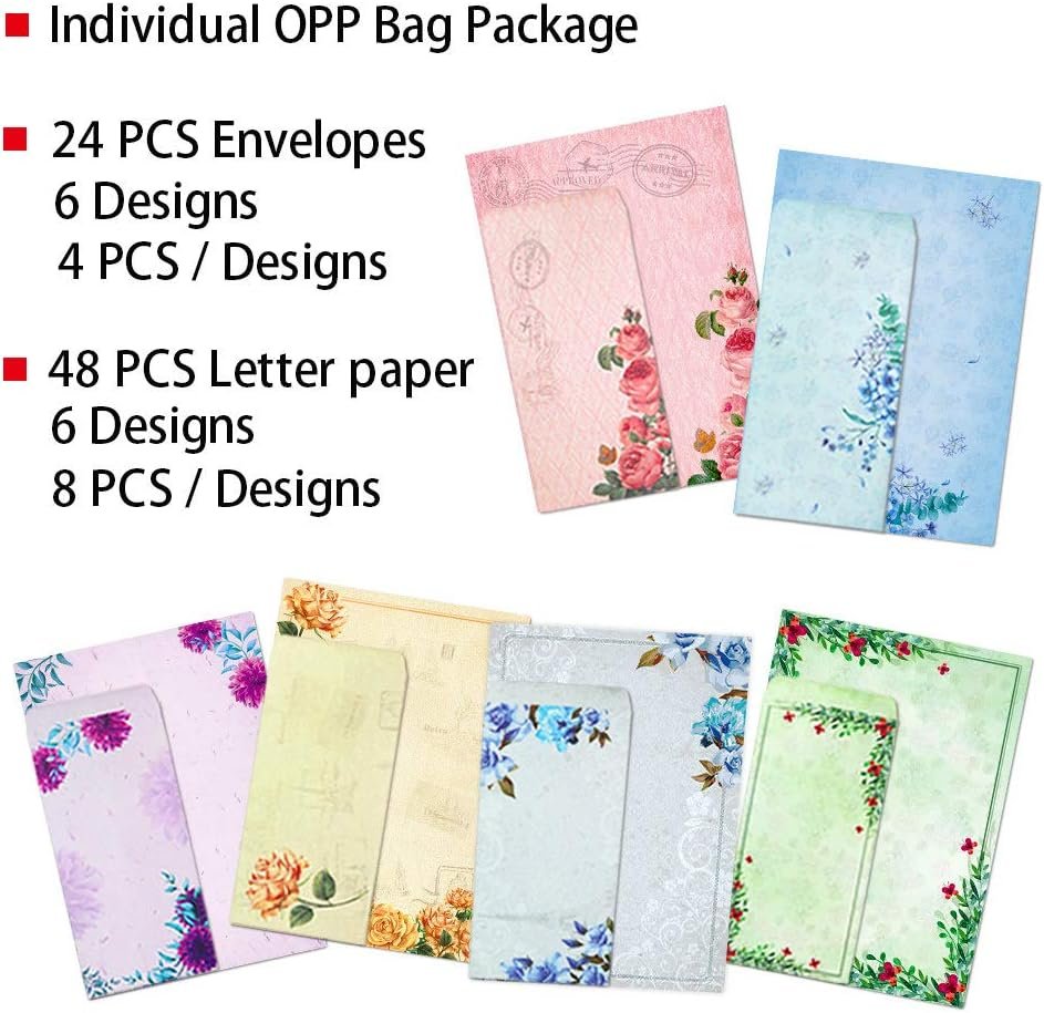 Stationary Paper and Envelopes Set, 8.5 x 11 Inch Stationery Set Vintage Floral Letter Writing Paper, 48 Sheets Writing Paper with 24 Envelopes