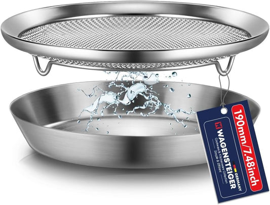 WAGENSTEIGER Stainless Steel Mesh Tray Set with Drip Pan, Air Fryer Basket and Tray, Kitchen Colander, Vegetable and Fruit Strainer, Food Filter, BBQ Prep Tool, Fruit Serving Dishes (7.48 inch)