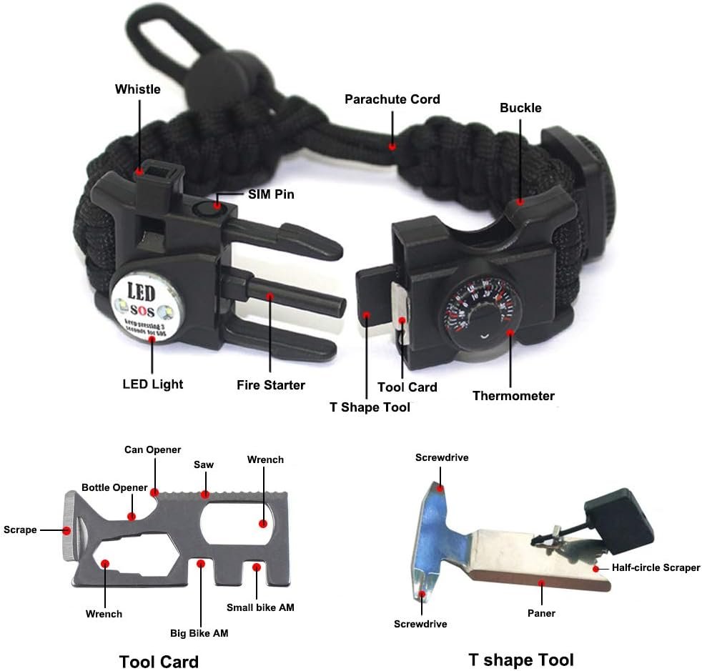 TECHONG Sports Paracord Bracelet - 7 String Woven Adjustable Survival Black Casual Wristband with 20 Emergency Tools for Wilderness Hunting & Fishing