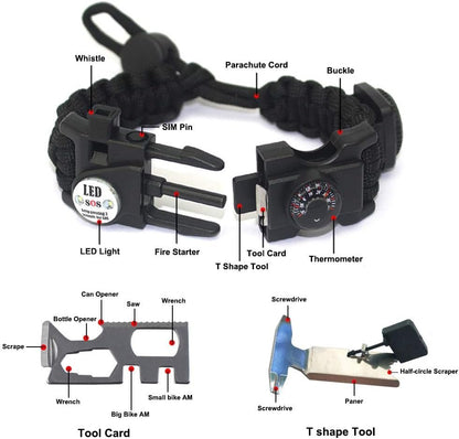 TECHONG Sports Paracord Bracelet - 7 String Woven Adjustable Survival Black Casual Wristband with 20 Emergency Tools for Wilderness Hunting & Fishing