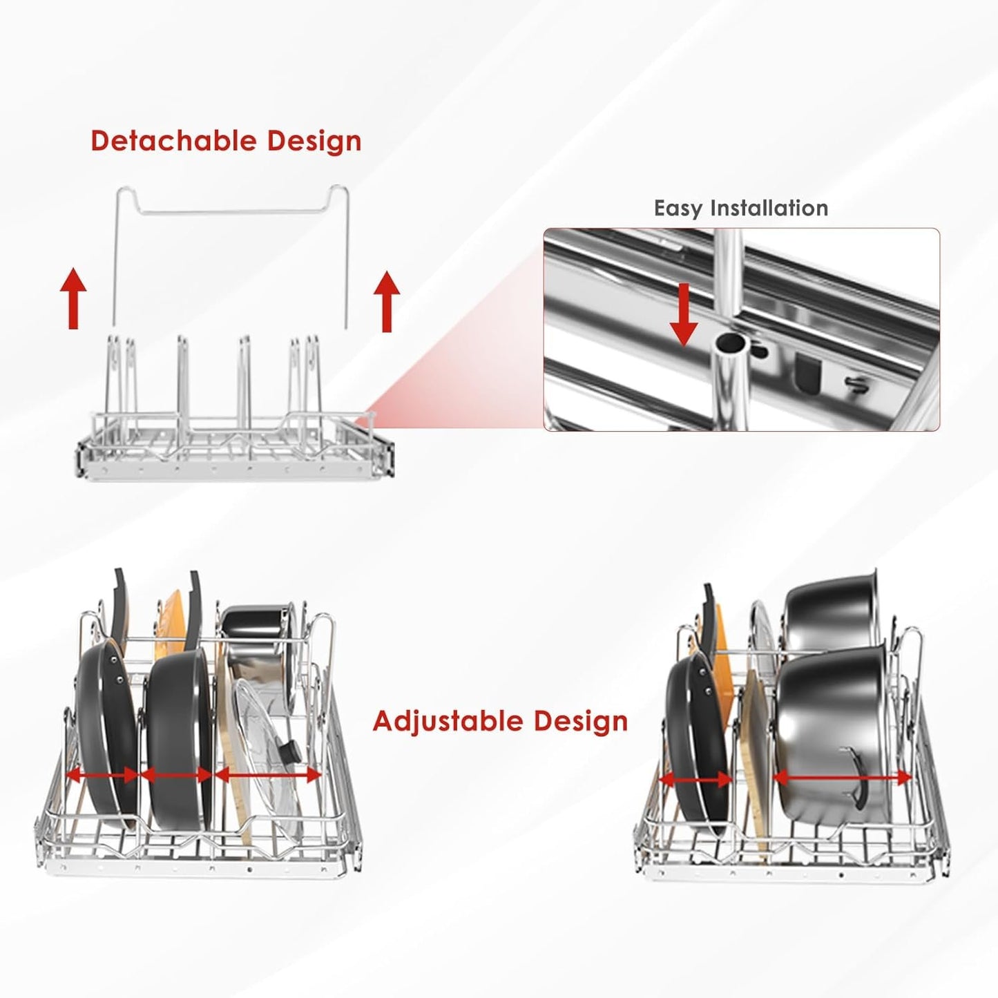 Bonadom Pull Out Pots and Pans Organizer Rack Under Cabinet Kitchen,Heavy Duty Wire Slide Out Cutting Board Shelf Bakeware and Tray Storage 11''W x 21''D x 8.5''H- Expandable Sliding Lid Holder