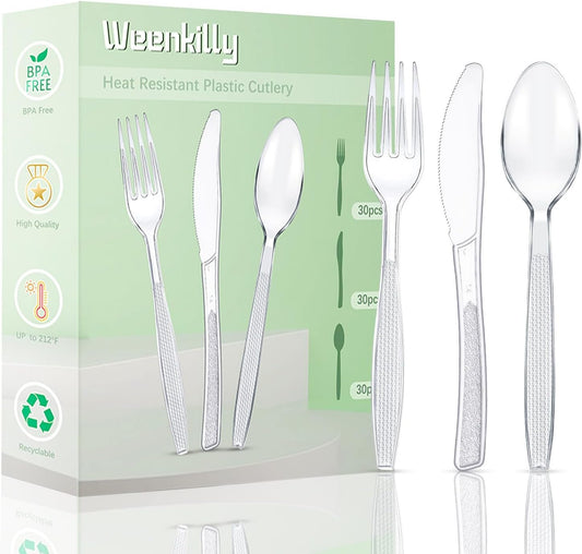 Plastic Cutlery Set 90 Pieces,30 Plastic Forks,Knives and Plastic Spoons,Reusable Plastic Cutlery Transparent and Robust Cutlery Sets for Birthday Party Barbecue Party Wedding ect (Transparent)