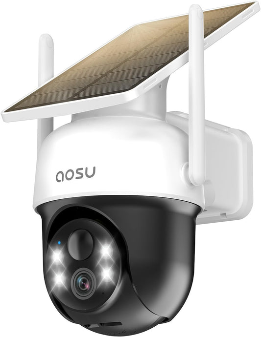 AOSU Solar Camera Security Outdoor - 100% Wire-Free Security Cameras Wireless Outdoor for Home Surveillance with Fixed Solar Panel, 360Â° Panoramic View, Human Auto Tracking, 2K Color Night Vision