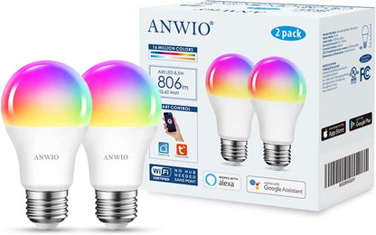 ANWIO Smart Light Bulb 2 Pack, A19 Smart LED, Work with Alexa, Google Light Bulbs, Smart Life Bulbs, Tuya App, Colour Changing Light Bulb, WiFi & Bluetooth No Hub Required，8.5W (60W Replacement)