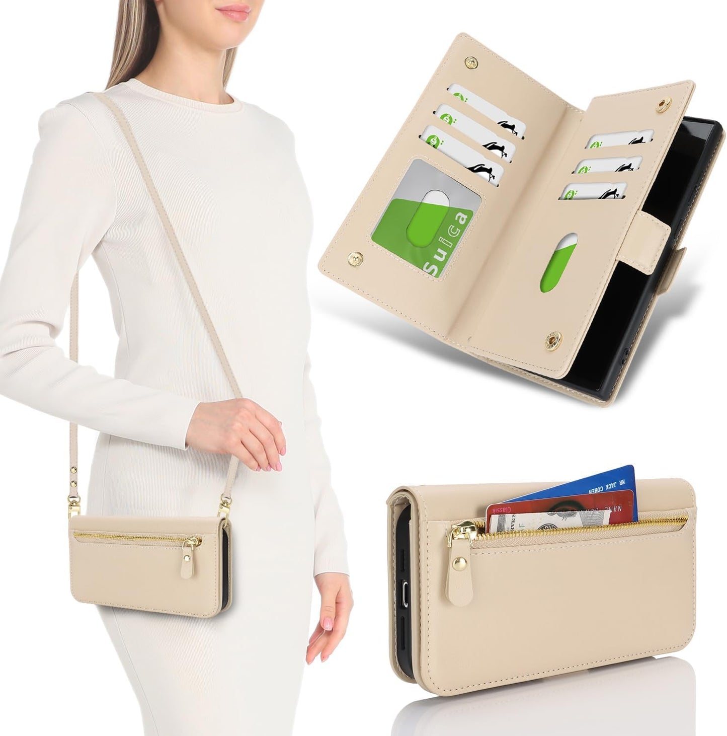 SunYoo for Samsung Galaxy S23 Ultra Wallet Case for Women,for Galaxy S23Ultra Case with Strap Crossbody Lanyard,Leather Shockproof Card Holder Stand Zipper Pocket Flip Phone Case Cream