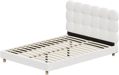Oikiture Double Bed Frame Boucle Mattress Platform Bed Base White