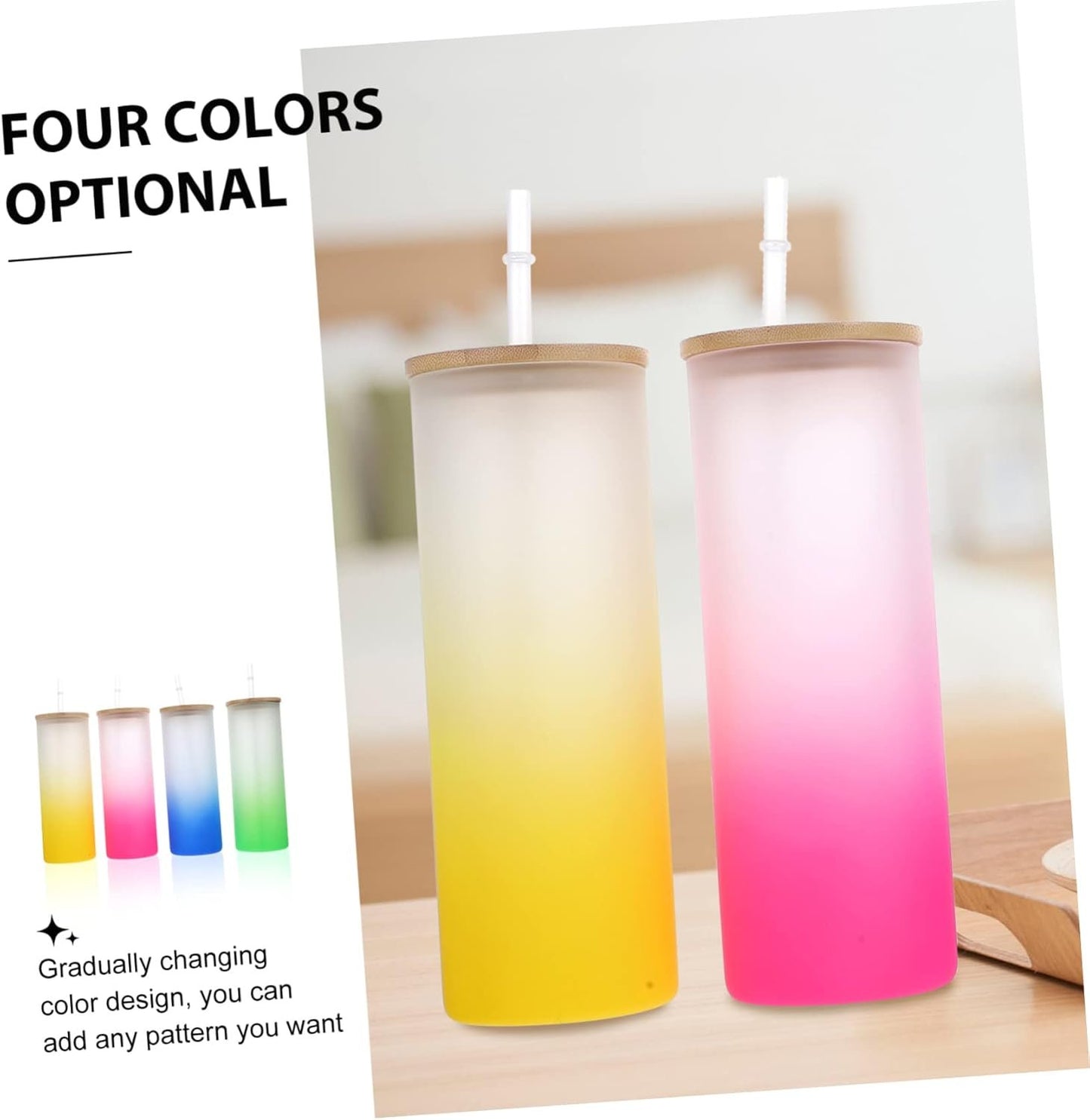 Zerodeko 4Pcs Gradient Sublimation Glass Drinking Cup Frosted Color Changing Tumbler with Lid